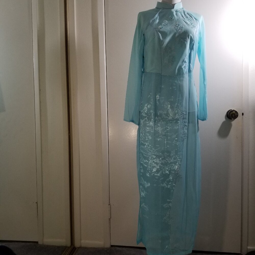 Asian style long shirt dress in ocean blue/light blue, possibly size XS or S